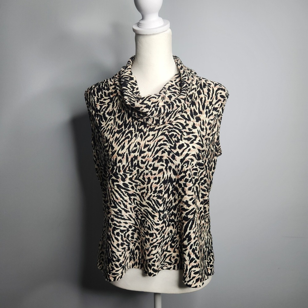 Pleat Pleat by Rafael Sleeveless Top Women M Black Animal Print Cowl Neck